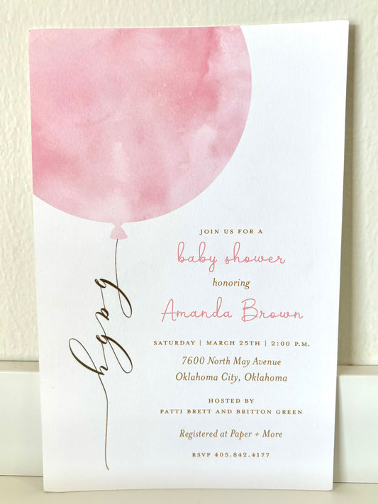 Pink Balloon Baby Foil Invitation - 10 CT