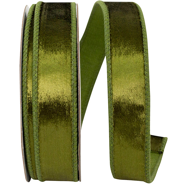 Designer Plush Velvet Wired Ribbon | Olive, 1 Inch, 10 Yards