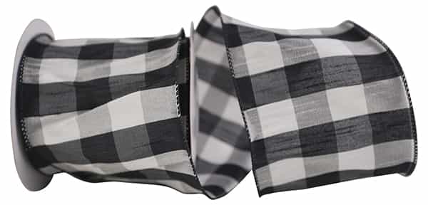 Dupioni Check Wired Edge Ribbon | Black/White, 4", 10 yards