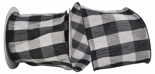 Dupioni Check Wired Edge Ribbon | Black/White, 4", 10 yards