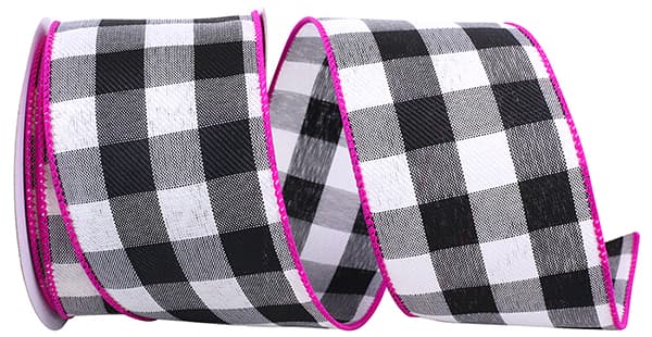 Celine Check Plaid Twill Wired Ribbon | Black/Fuchsia, 2-1/2 Inch, 10 Yards