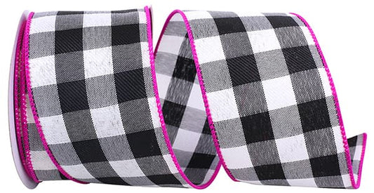Celine Check Plaid Twill Wired Ribbon | Black/Fuchsia, 2-1/2 Inch, 10 Yards