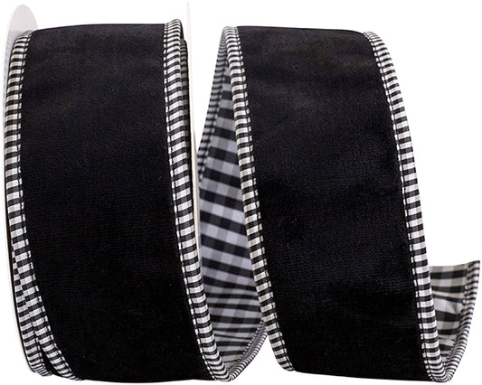 Velvet Plush Gingham Wired Edge Ribbon | Black, 2.5", 5 yards