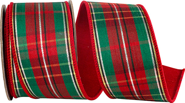 Classic Plaid Metallic Stripes Wired Edge Ribbon | Red/Green, 2.5", 5 yards