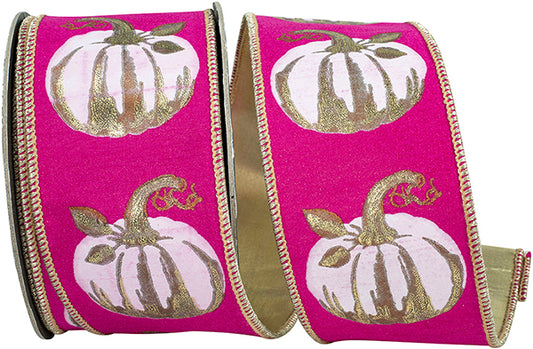 White Gilded Pumpkin Wired Ribbon | Fuchsia, 2-1/2 Inch, 10 Yards
