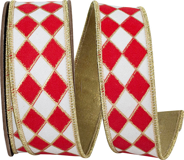 Harlequin Solid Diamond Gilded Wired Edge Ribbon | White/Red, 1-1/2", 10 yards