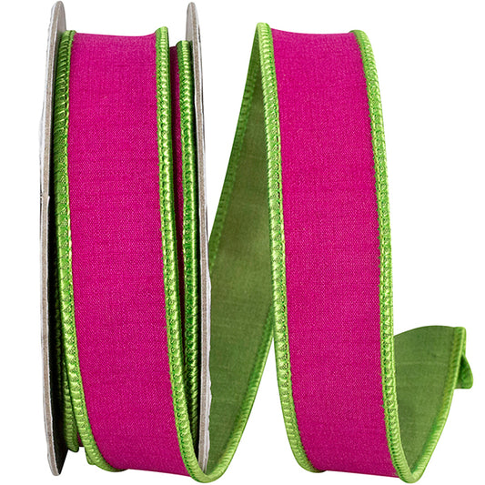 Dupioni Reversal Two Color Wired Ribbon | Fuchsia/Lime, 1 Inch, 10 Yards