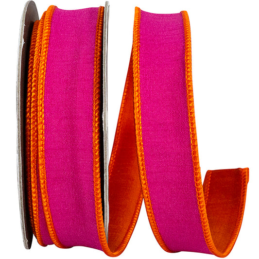 Dupioni Reversal Two Color Wired Ribbon | Fuchsia/Orange, 1 Inch, 10 Yards
