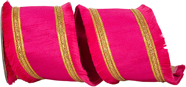 Fringe Gilded Trimming Dupioni Wired Edge Ribbon | Fuchsia, 4", 5 yards