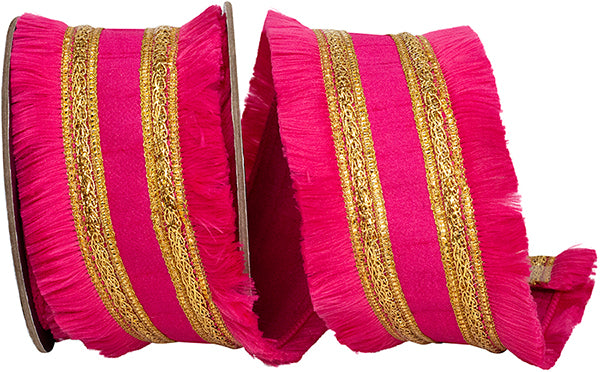 Fringe Gilded Trimming Wired Edge Ribbon | Fuchsia, 2.5", 5 yards