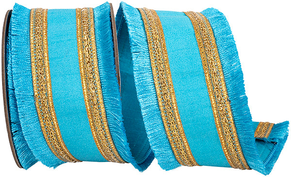 Fringe Gilded Trimming Wired Edge Ribbon | Turquoise, 2.5", 5 yards