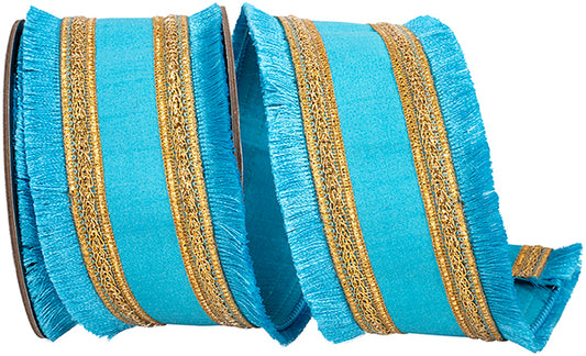Fringe Gilded Trimming Wired Edge Ribbon | Turquoise, 2.5", 5 yards
