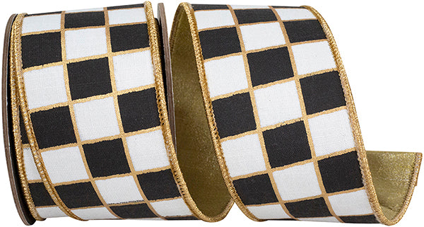 Gilded Check Metallic Backed Wired Edge Ribbon | Black/White, 2.5", 5 yards