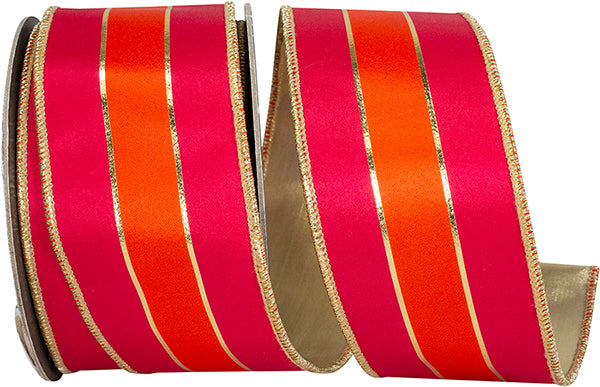 Sassy Stripes Satin Wired Edge Ribbon | Fuchsia/Orange, 2.5", 10 yards