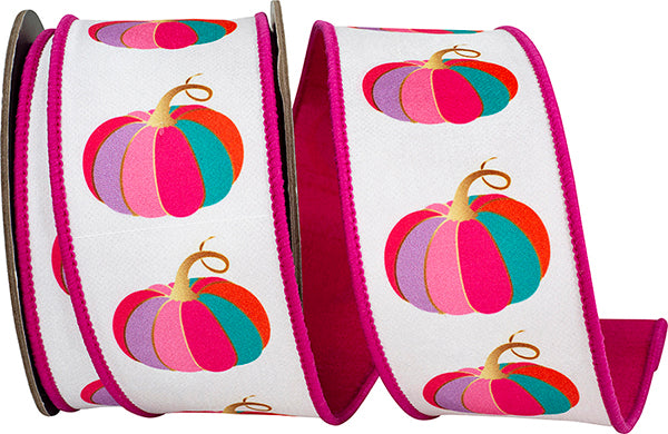 Pumpkin Fashion Dream Wired Ribbon | Fuchsia/White, 2-1/2", 10 yards
