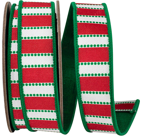 Dots and Bars Striped Wired Edge Ribbon | Red/Green, 1-1/2", 10 yards