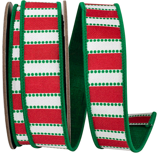 Dots and Bars Striped Wired Edge Ribbon | Red/Green, 1-1/2", 10 yards