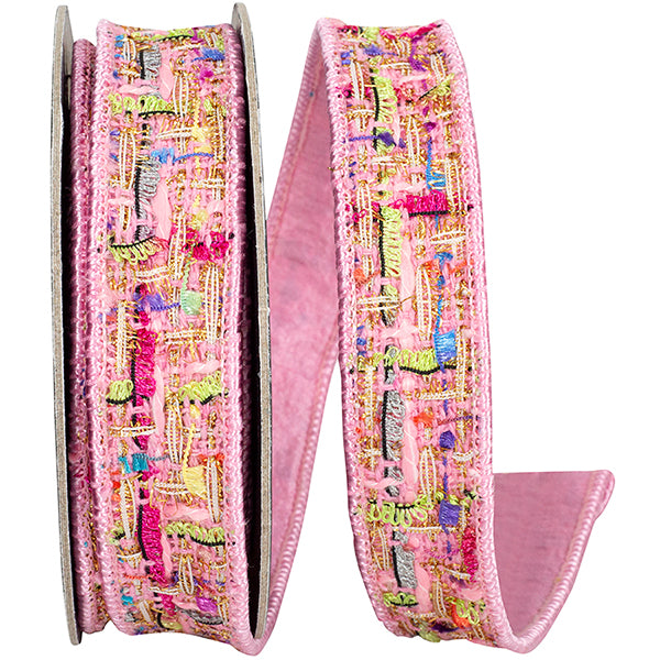 Stitch Collage Wired Edge Ribbon | Pink, 1", 5 yards