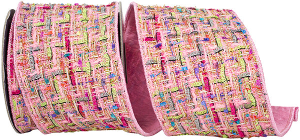 Stitch Collage Wired Edge Ribbon | Pink, 4", 5 yards