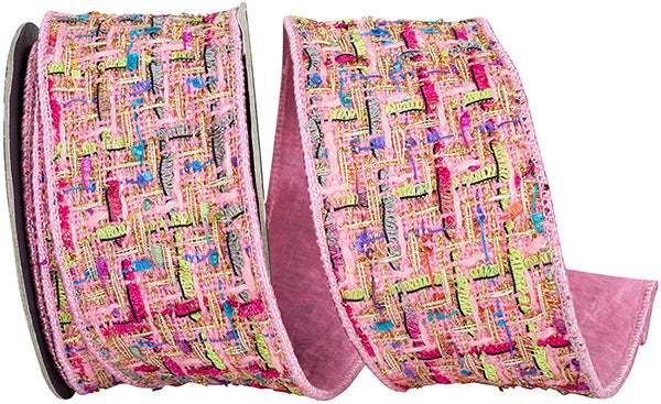 Stitch Collage Wired Edge Ribbon | Pink, 2.5", 5 yards