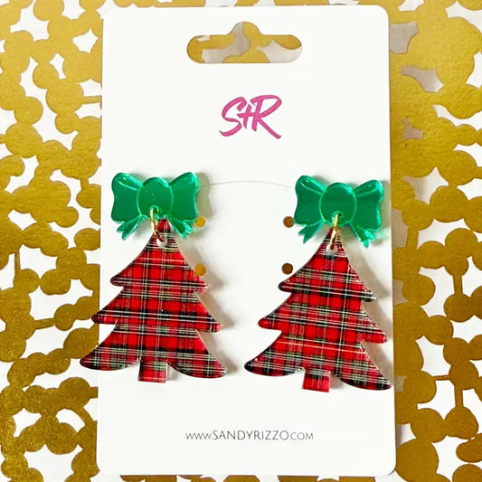 Dangle Earrings - Red Plaid Christmas Tree