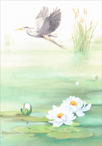 Sympathy Card -  Waterlilies And Crane