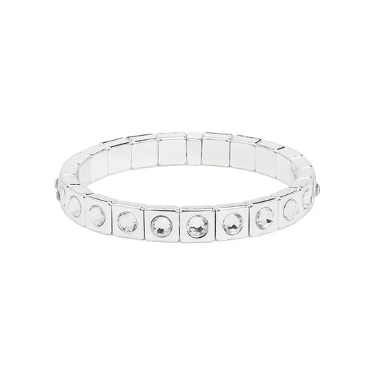 Square Crystal Metal Stretch Bracelet - Silver