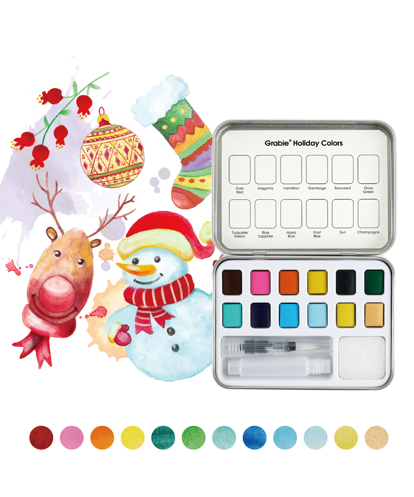 Watercolor Pocket Set of 12 with Brush -  Holiday
