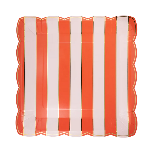Square Scalloped Plate - Pink and Red Stripe