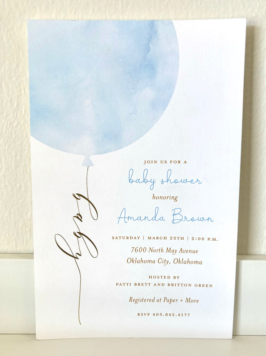 Blue Balloon Baby Foil Invitation - 10 CT