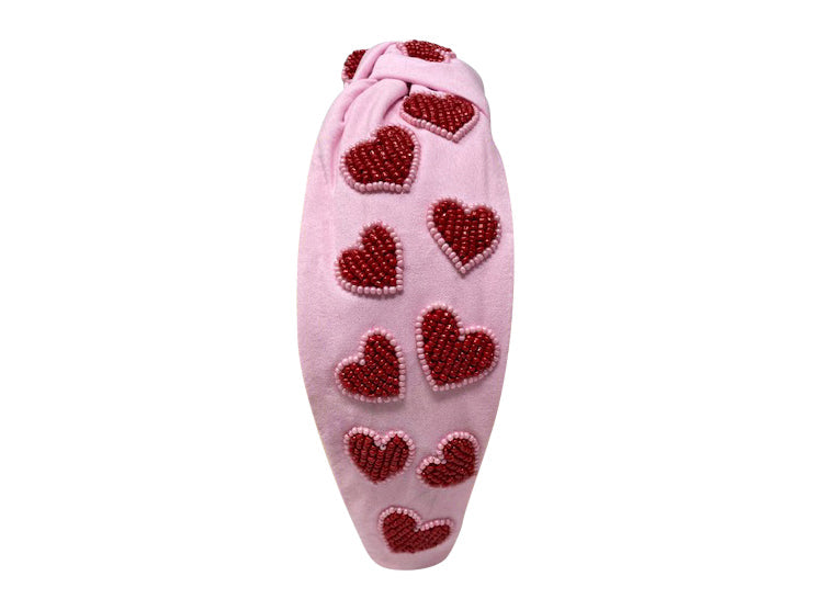 Knot Headband - Pink with Red Hearts