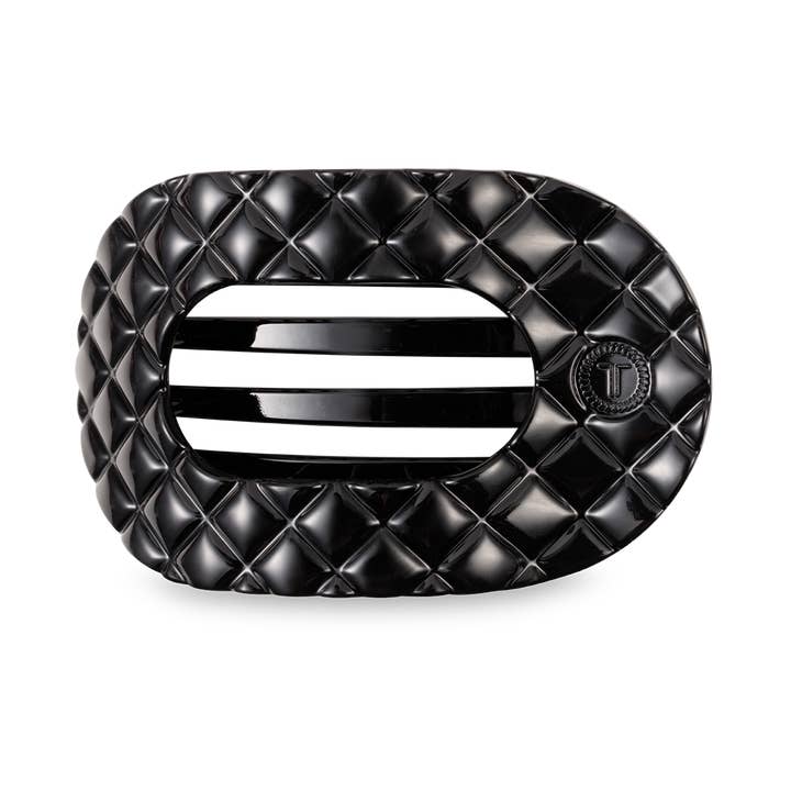 Small Flat Round Hair Clip - Jet Black Quilted
