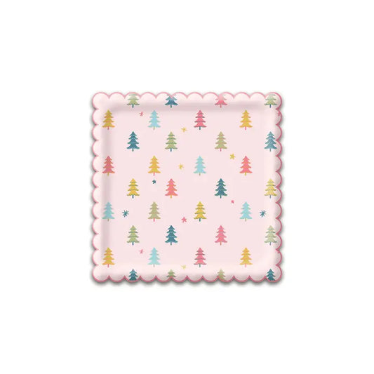 Bright Holiday Square Scallop Trees Paper Plate