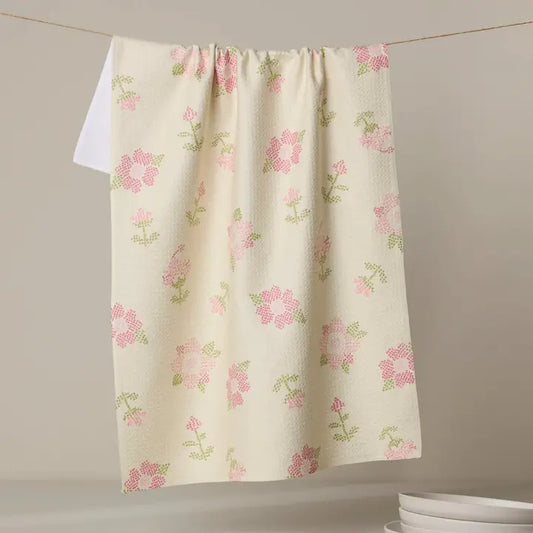 Cross Stitch Floral Yellow Tea Towel