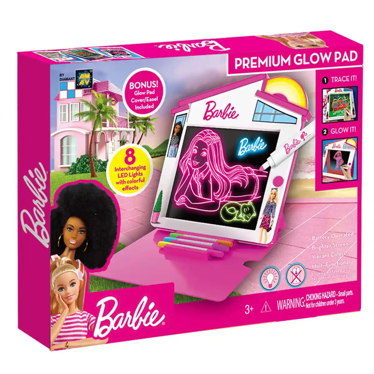 Barbie premium glow pad toy set packaging with pink and purple design