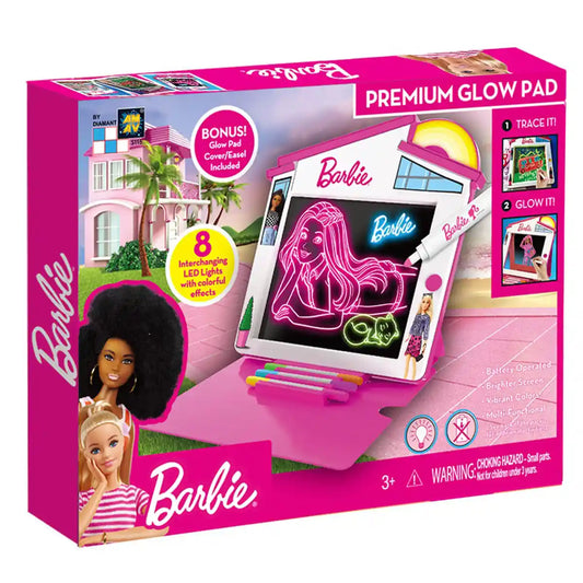 Barbie premium glow pad toy set packaging with pink and purple design