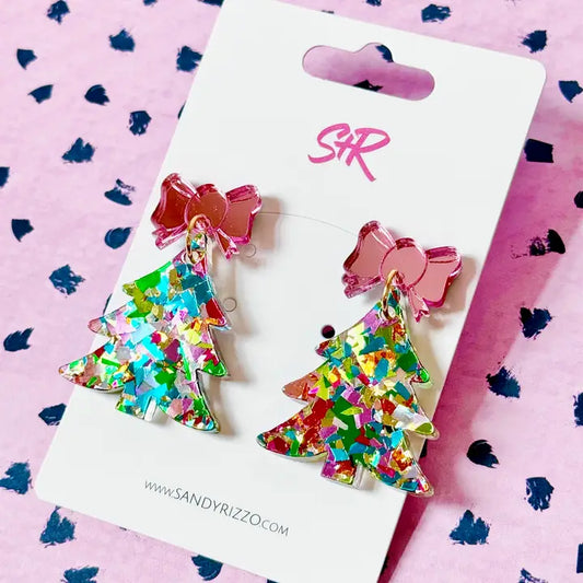 Dangle Earrings - Electric Confetti Christmas Tree with Pink Bow