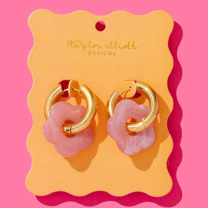 Huggie Earrings - Gold Hoops + Pink Acrylic Flowers - Laurel