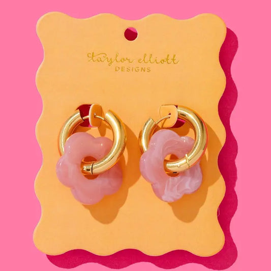Huggie Earrings - Gold Hoops + Pink Acrylic Flowers - Laurel