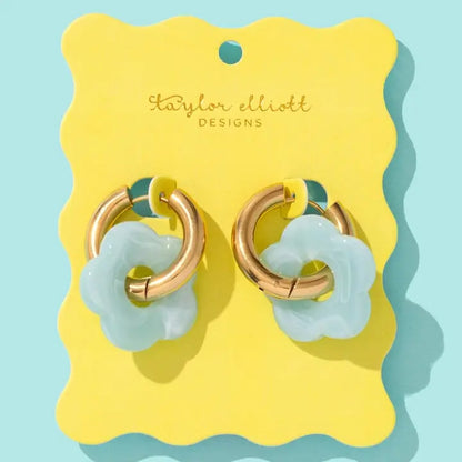 Huggie Earrings - Gold Hoops + Turquoise Acrylic Flowers - Laurel