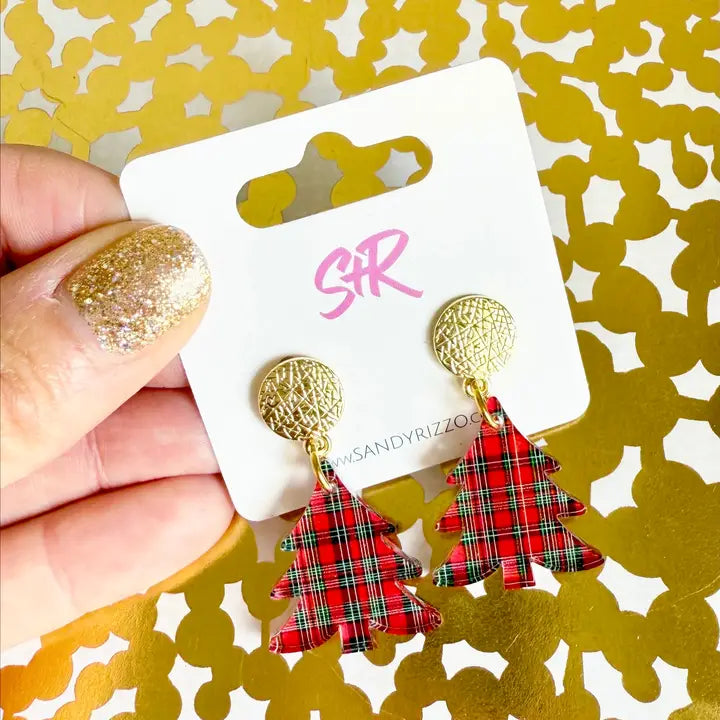 Dangle Earrings - Red Plaid Petite Tree