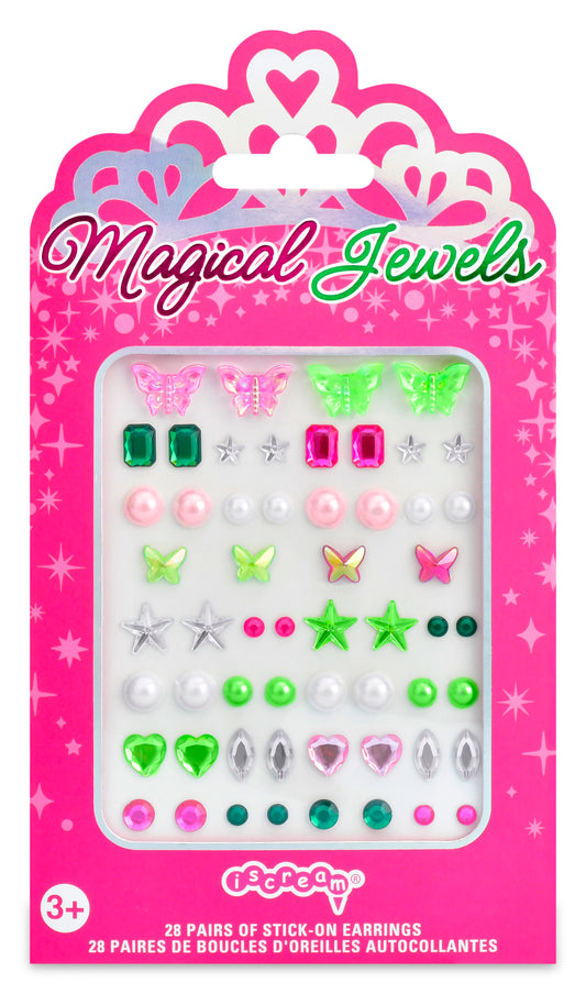 Packaged stick-on earrings with 'Magical Jewels' branding on a pink background