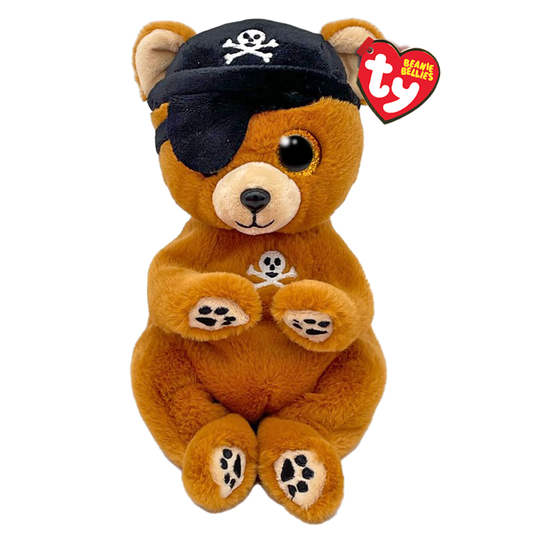 Plush toy bear dressed as a pirate with a black eye patch and skull and crossbones design, featuring the Ty Beanie Baby logo.
