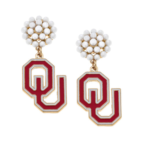 University of Oklahoma Pearl Cluster Enamel Drop Earrings