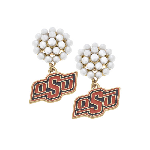 Oklahoma State University Pearl Cluster Enamel Drop Earrings in Orange
