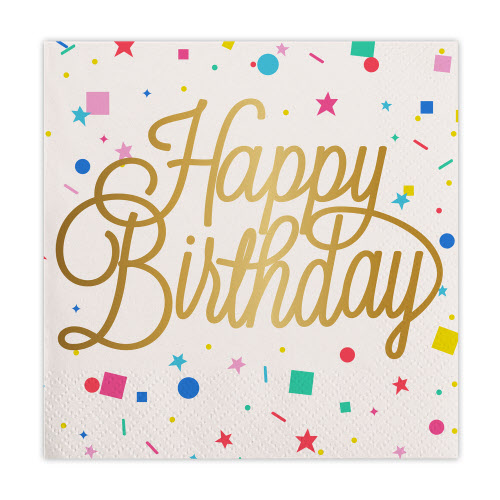 Beverage Napkin - Gold Foil - Happy Birthday Confetti